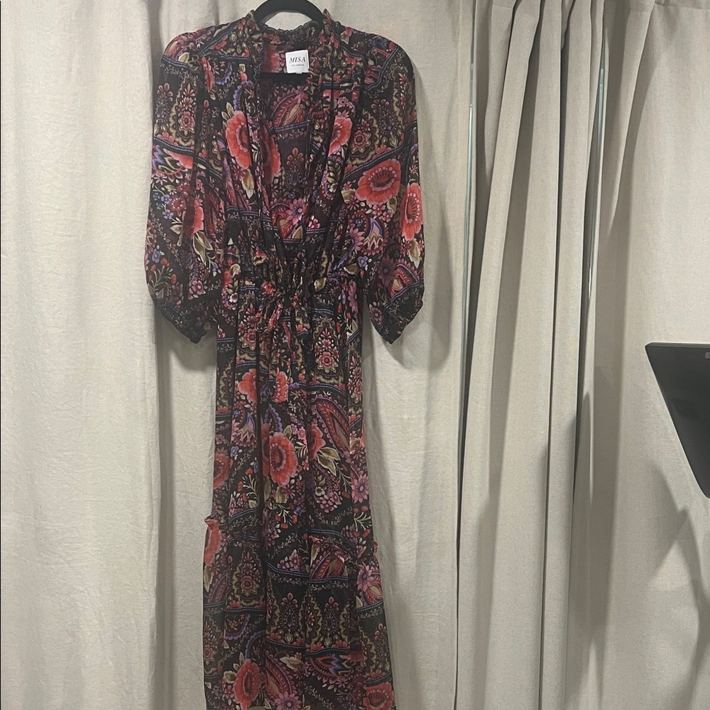 Misa Los Angeles Black Maxi Dress with Coral and Purple Floral Print